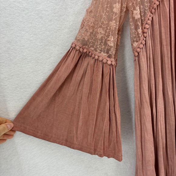 POL Boho Lace Duster Cardigan LARGE Pink Sheer Embroidered Romantic Festival - Picture 6 of 15